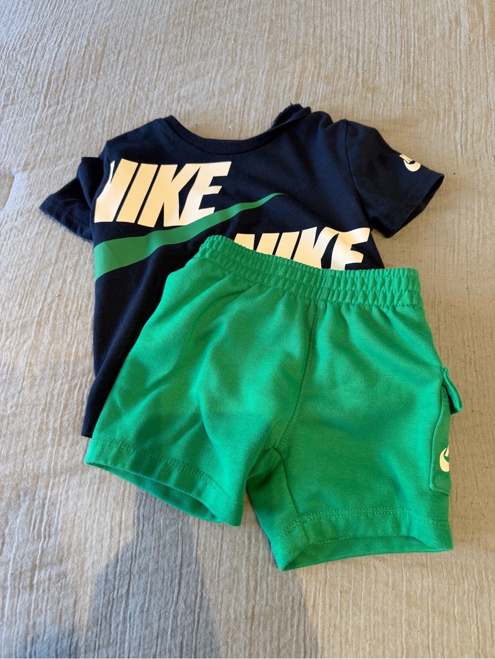 Nike Boys Navy Blue Tee with Green Swoosh Graphic